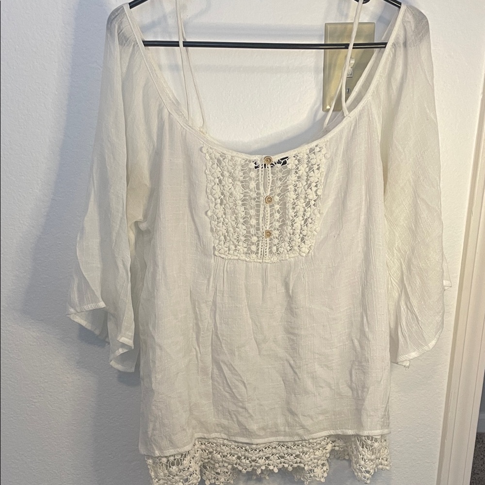 Boho Crochet-Trim Peasant Top - White
